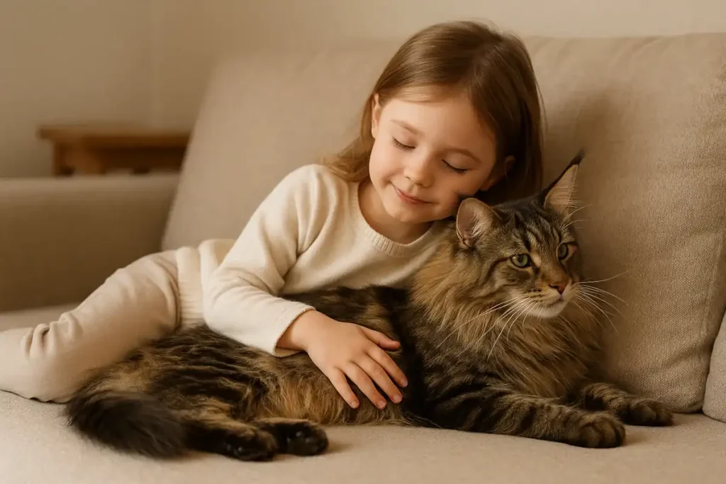 maine coon affectueux avec enfant